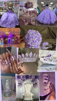 purple wedding dresses and tiaras are featured in this collage