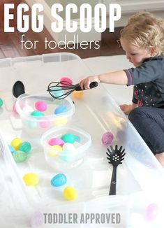 a toddler is playing with toys in a plastic container on the floor and an instagram