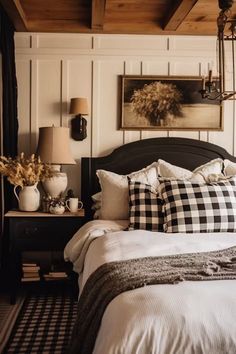 a black and white checkered bed in a bedroom