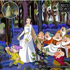 snow white and seven dwarfs in the woods with their parents, from disney's snow white