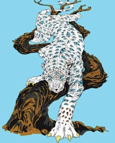 a drawing of a white leopard on a tree branch with blue sky in the background