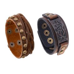 two different types of leather bracelets with metal studs on each side and one in the middle