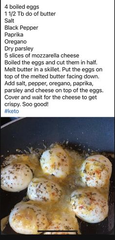 some eggs are cooking in a skillet on the stove top and then being cooked