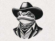 a frog wearing a cowboy hat and suit in black and white with the caption's name on it