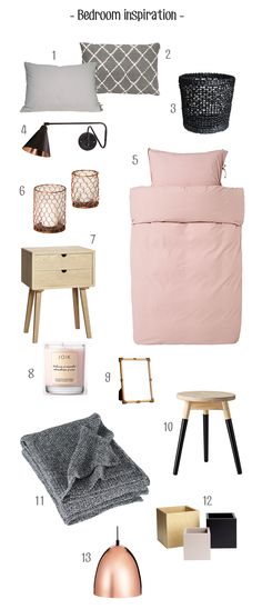 a bedroom with pink and gold accents