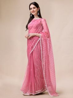 Pink & silver-toned sareeEmbroidered saree with embroidered borderThe saree comes with an unstitched blouse pieceThe blouse worn by the model might be for modelling purpose only. Check the image of the blouse piece to understand how the actual blouse piece looks like.