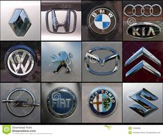 many different car logos are shown in this collage, including the emblems of various cars