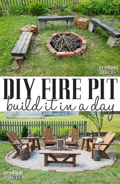 an outdoor fire pit built in a backyard with benches around it and text overlay that reads diy fire pit buildit in a day