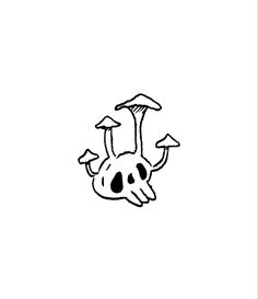 a black and white drawing of a skull with mushrooms