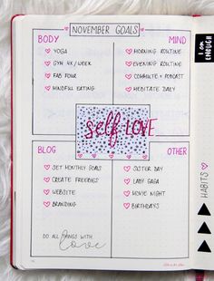 Monthly goals spread for your Bullet Journal. Prioritize self-care because it’s essential to your overall well-being, health and happiness. Find out why and how setting goals can help you in achieving your dreams and how you can use your BuJo in tracking your emotions and habits. Journal Organization, Self Care Bullet Journal, Monthly Goals, Health Journal, Bullet Journal Writing, Bullet Journal Inspo, Journal Layout, Bullet Journal Ideas Pages