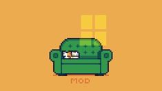 a green couch with the word moo on it in front of an orange background