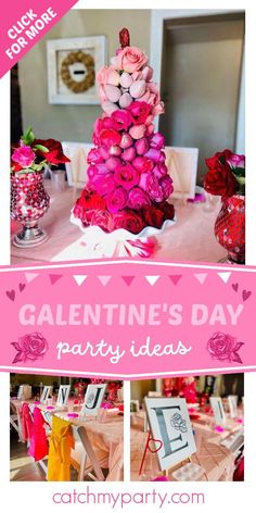 valentine's day party ideas with pink roses and hearts on the table in front of them