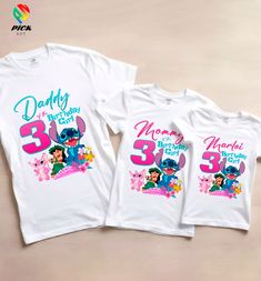 two personalized birthday shirts with the number three and 3 on them, one for each child