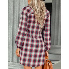 Red Plaid Print Tie Waist Button Shirt Casual Dress Casual Buttoned Shirt Dress For Winter, Winter Casual Shirt Dress With Buttons, Casual Winter Shirt Dress With Buttons, Casual V-neck Shirt Dress For Fall, Casual Plaid Button-up Shirt Dress, Casual Red Long Sleeve Shirt Dress, Plaid Long Sleeve Shirt Dress With Buttons, Red Button-up Casual Shirt Dress, Red Button-up Shirt Dress Casual