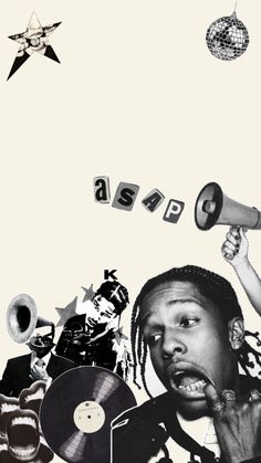 a man holding a megaphone in front of a group of people with records and disco balls