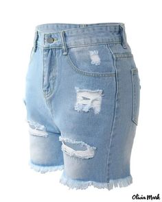 Olivia Mark - Frayed Hem Ripped Denim Shorts Ripped Denim Shorts, Ripped Denim, Short En Jean, Olivia Mark, Denim Shorts, Light Blue, Pants, Trousers