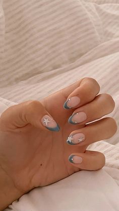 Blue With Stars Nails, Short Almost Nails, Costal Granddaughter Nails, Almond Gel X Nail Designs, Cool Almond Nails, Almond Nail Inspo 2024, Cool Nail Inspo 2024, Cute Almond Nails Design, Coastal Granddaughter Nails