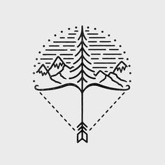 an arrow with mountains in the background and dotted lines around it, on a gray background