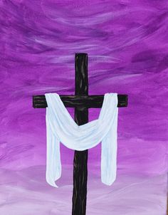 a painting of a cross with a white scarf hanging from it's side on a purple background