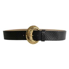 Wide-waist domino embossed black leather on crescent detailed old gold plated buckle. 2" Sourced in Italy Ethically Made in the USA Chic Black Belt Buckles With Brass Buckle, Chic Black Belt Buckles With Brass Detail, Elegant Black Belt With Brass Buckle, Chic Formal Antique Belt Buckle, Black Formal Belt With Antique Buckle, Chic Black Belt With Antique Buckle, Formal Black Belt With Antique Buckle, Chic Black Belt With Brass Buckle, Elegant Black Belt With Antique Buckle