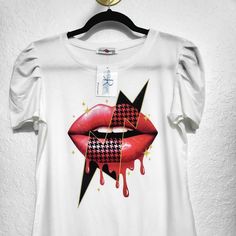 Red Lip White T-Shirt, Soft Cotton Red Sublimation Print Top For Summer, Trendy Red Tops With Screen Print, Red Fitted Trendy T-shirt, Red Top With Sublimation Print And Short Sleeves, Red Short Sleeve Top With Sublimation Print, Trendy Red Short Sleeve T-shirt, Trendy Red T-shirt With Screen Print, Trendy Red T-shirt With Graphic Print, Fitted Red T-shirt With Sublimation Print