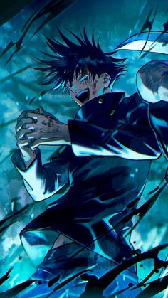 an anime character with long black hair and blue eyes holding a fish in his hand