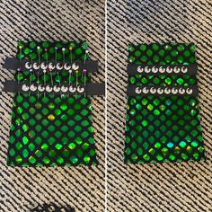 two pictures of green and black sequins, one with beads on it's side