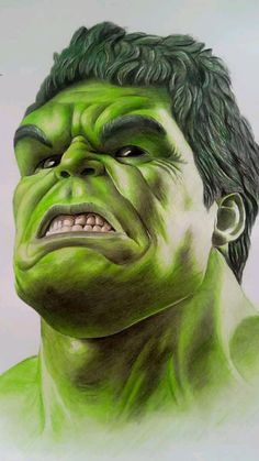 a drawing of the incredible hulk in green and black hair, with his face painted to look like he is frowning