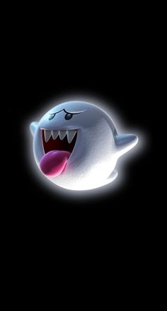 an animated ghost floating in the dark with its mouth open and tongue out, it appears to be smiling