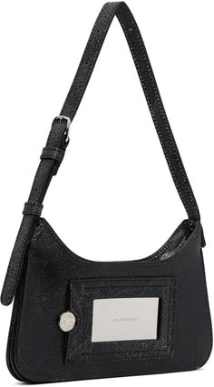 Cracked leather shoulder bag in black. · Adjustable shoulder strap · Logo patch at face · Accordion panel at sides · Detachable mirror at back face · Card slot at back face · Zip closure · Card slot at interior · Buffed faux-leather lining · H5 x W9 x D1 Supplier color: Black Evening Crossbody Shoulder Bag With Gunmetal Hardware, Evening Baguette Shoulder Bag With Silver-tone Hardware, Evening Baguette Tote Bag With Silver-tone Hardware, Black Top Handle Baguette Bag With Silver-tone Hardware, Crossbody Hobo Bag With Gunmetal Hardware For Evening, Evening Crossbody Shoulder Bag With Silver-tone Hardware, Evening Crossbody Baguette Bag With Silver-tone Hardware, Rectangular Hobo Bag With Silver-tone Hardware For Evening, Gunmetal Hardware Crossbody Hobo Bag For Evening