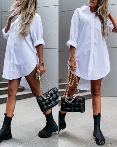 Lasaky - Long Sleeve Button Down Shirt Dress Loose Shirt Dress, Outfit Denim, Sassy Shirts, Women White Blouse, Loose Fit Shirts, Short Shirt, Button Down Shirt Dress, Dress Shirt Sleeves, Mini Short