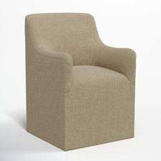 a beige chair sitting on top of a white floor