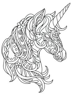 a drawing of a unicorn's head with long manes and flowers on it