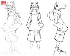 three cartoon characters in different poses, one is wearing a helmet and the other has a backpack