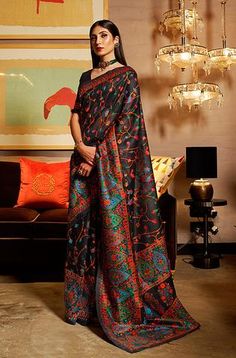 Navy Blue & Sage Gray Designer Embroidered Jacquard Sharara Suit – Saira's Boutique Kashmiri Embroidery, Black Saree, Art Silk Sarees, Wedding Saree, Shopping Deals, Silk Wedding, Indian Attire, Traditional Sarees, Charcoal Black