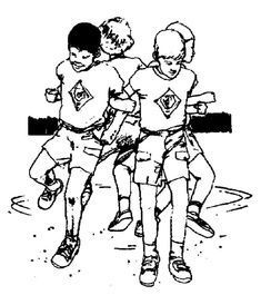 black and white drawing of three young boys playing soccer in the sand with each other