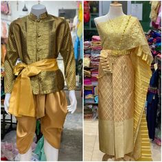 "\" This is Asian traditional dress.B for couple. Before place the order, kindly please contact me via convo to confirm design and size availability before\" Thank You :) One set consist with : A. Men set including with 1. Shirt 2. plants 3. Scarf B. Women set including with 1. Lace sabai 2. Pleated satin sabai 3. Skirt C. Express shipment Note: This dress set is just the mix- match set, the blouse and the skirt are made from the different kind of material .So,the both blouse and the skirt are n Lao Clothing, Traditional Thai Dress, Laos Clothing, Khmer Dress, Thai Wedding Dress, Thai Clothes, Thai Wedding, Thai Traditional Dress, Thai Dress