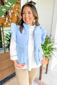 Go ahead and prepare for cooler days ahead, because they are coming girls! And this super preppy vest is the perfect layering piece to keep you warm! It features a thicker body, a full zipper, a collar, chic ruffled sleeves, and front pockets! It is medium to heavy in weight! We have it paired here with our "Best Season of all Sweater" and our "Rowan Wide Leg Pants in Camel". FABRIC: 100% Polyester FIT: Fit is true to size and relaxed. SIZING: We recommend buying your normal size! MODELS: Kriste Preppy Vest, Camel Fabric, Fabric Stain Remover, Sparkle Shoes, Headband Jewelry, Camo Shirts, Ruffled Sleeves, Fall Sweaters, Hair Accessories Headbands