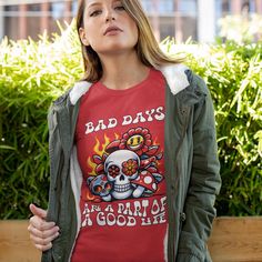 The woman's soft style tee is a more feminine take on the classic t-shirt. With shortened sleeves that reveal some shoulder, it features the phrase "Bad Days are a part of a Good Life" on the front. Made from 100% ring spun cotton for all solid colors, it offers a comfortable and soft feel. Durability is enhanced with twill taped shoulders, and the collar seam is reinforced with ribbed knitting for added strength. .: 100% ring spun cotton (fiber content varies for different colors) .: Light fabric (4.5 oz/yd² (153 g/m .: Semi-fitted .: Tear-away label .: Runs true to size Machine wash: cold (max 30C or 90F); Non-chlorine: bleach as needed; Tumble dry: medium; Do not iron; Do not dry-clean. Ring-spun Cotton Graphic Tee, Good Life, Soft Style, Twill Tape, Fashion Tees, Cotton Fiber, Womens Clothing Tops, San Jose, Light Fabric