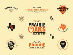 the prairie oaks ranch logo is shown in several different colors and font styles, including orange