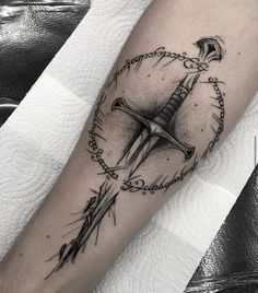 Lord Of The Rings Tattoo Narsil, Keyblade Tattoo Ideas, Narsil Tattoo Lord Of The Rings, Lord Of The Rings Narsil Tattoo, Bookish Spine Tattoos For Women, Lord Of The Rings Back Tattoo, Lotr Tattoo Sleeve, Lotr Tatoos, Lotr Sleeve Tattoos