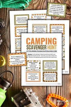 the camping scavenger hunt printables are on top of a wooden table