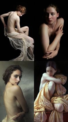 three different pictures of women in dresses and one woman with her hands on her chest