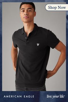 Super soft cotton blend with stretch/Two-button placket/Embroidered eagle logo on chest/Straight hem/This shirt is Real Good: made with the planet in mind and a promise to continue to do better Basic Fitted Cotton Polo Shirt, Solid Cotton Slim Fit Polo Shirt, Slim Fit Collared Cotton Polo Shirt, Slim Fit Cotton Collared Polo Shirt, Eagle Logo, Do Better, Pique Polo Shirt, Button Placket, American Eagle Outfitters