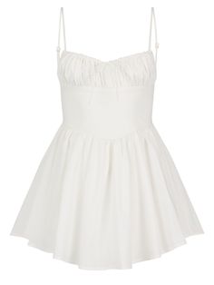 The White Cotton Ballerina Dress: A soft and charming mini dress made from matte silk. It features a fitted bust, a lace-up back, and adjustable shoulder straps. The lace closure at the back can be tightened or loosened with string ties to suit your shape. Get ready for endless twirling in The Ballerina Dress. Our Clothing is created using reprocessed material that has been repurposed for each of our unique fabrics. The detail, thought and intention behind every piece of Clothing we make is to b Coquette Mini Dress For Summer Evenings, Summer Evening Corset Dress With Ruffled Straps, Fitted Dresses With Straps For Daywear, Elegant Mini Dress With Corset Back For Brunch, Summer Coquette Mini Dress With Corset Back, Evening Mini Dress With Adjustable Straps And Fitted Bodice, Feminine Mini Dress With Spaghetti Straps And Fitted Bodice, Feminine Mini Dress With Corset Back For Brunch, Elegant Mini Length Suspender Dress With Tie Back