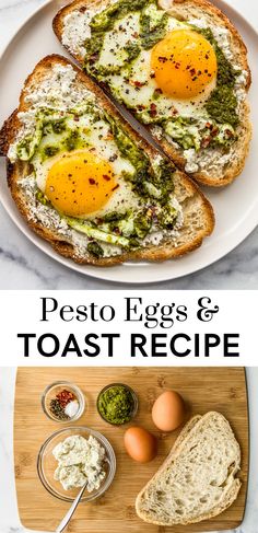 two eggs and toast on a white plate with pesto, mayonnaise and bread