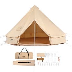 a canvas tent with tools and accessories for camping