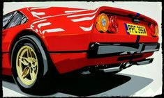 a painting of a red sports car with gold rims