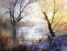 an artistic painting of two trees in the snow