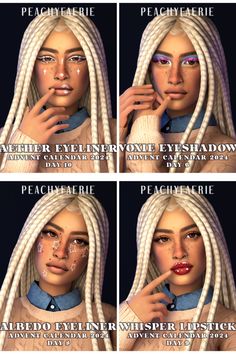 four different pictures of a woman with white hair and braids on her face, showing the